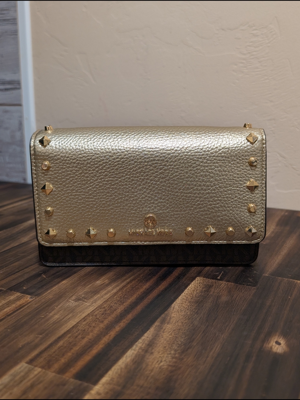 NWT Michael Kors Gold Studded Leather Crossbody Wallet Purse